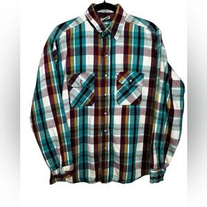 Vintage Five Brother Shirt Mens Red Blue LT Plaid Flannel USA Work Grunge 70s